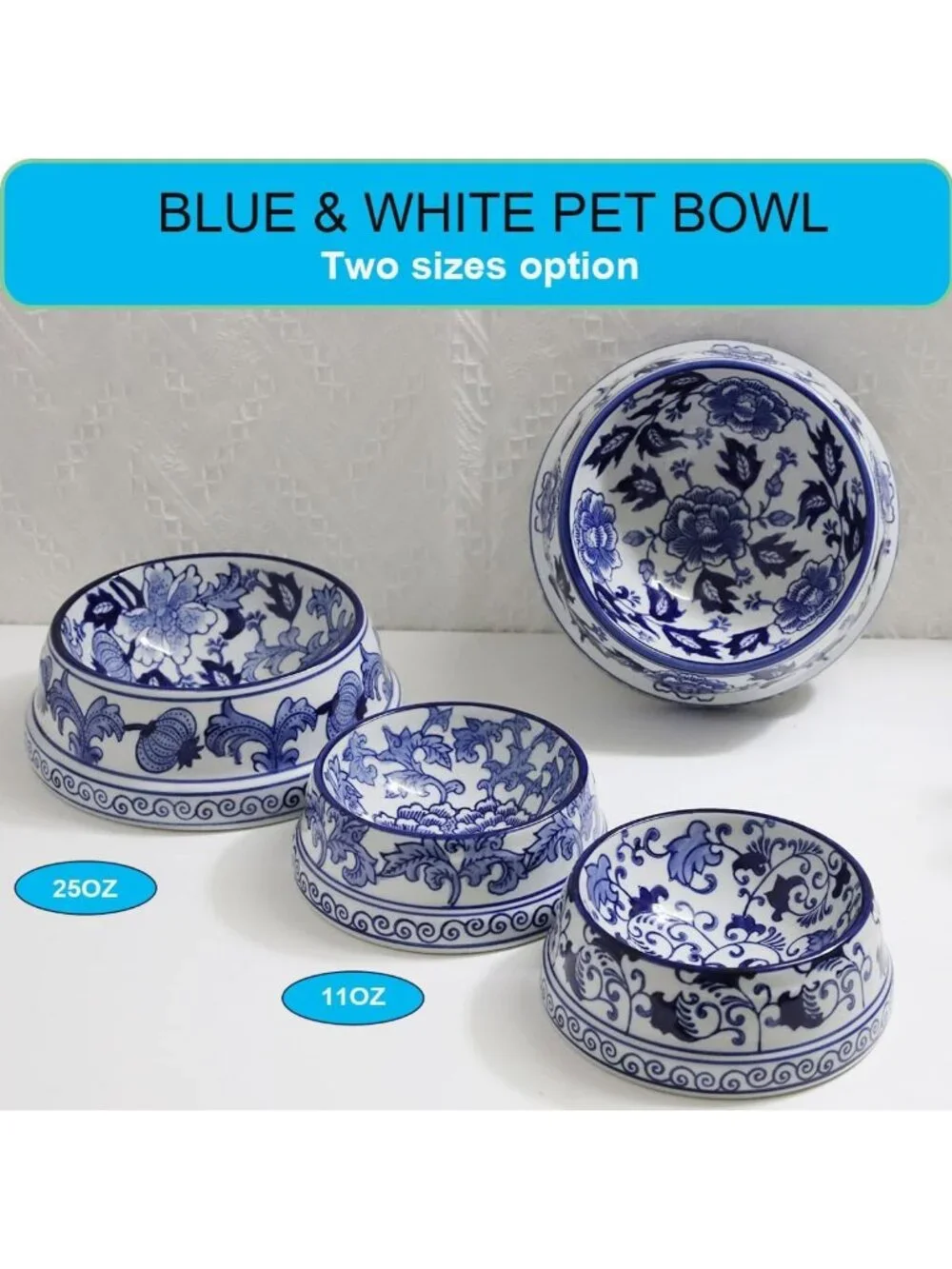 Hand-Painted Ceramic Dog Bowl - Blue & White Chinoiserie Pet Dish, 11oz Floral